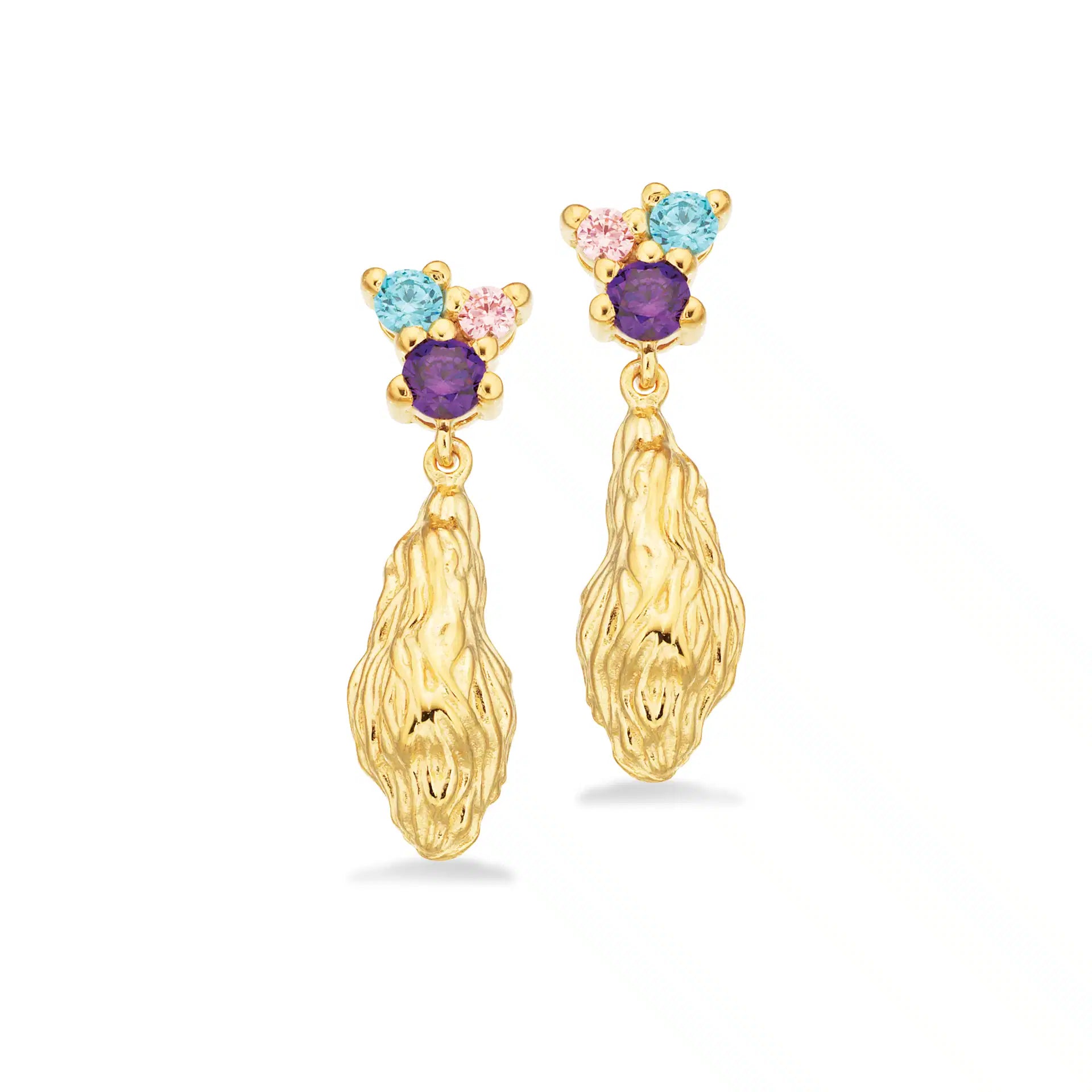 Ørehængere lilla/turkis kubisk zirkonia forgyldt