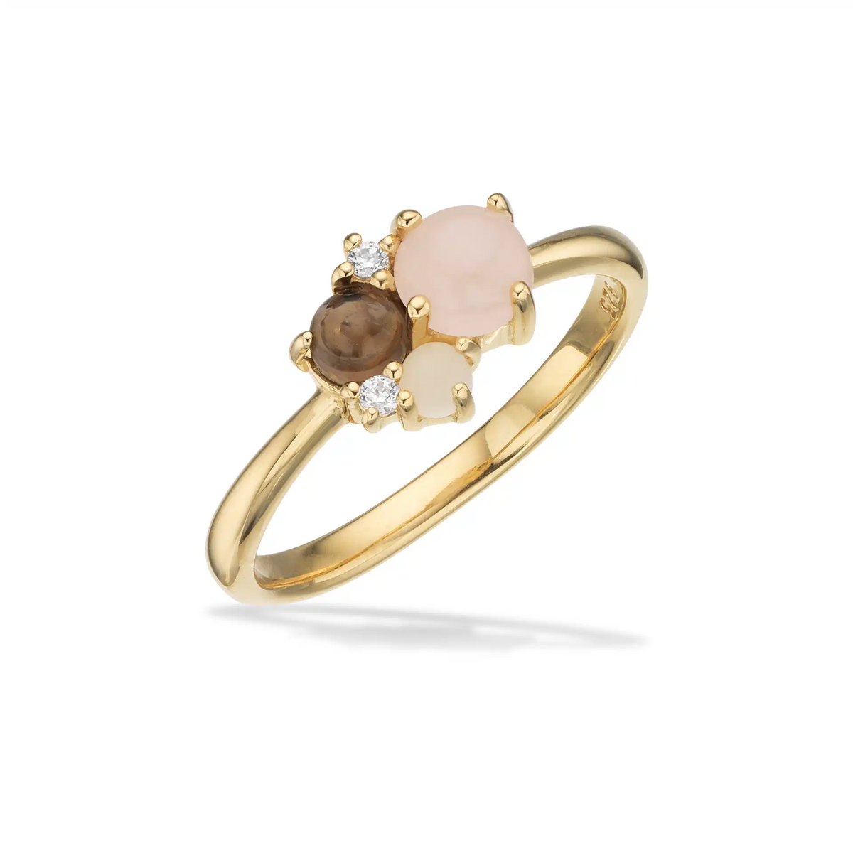 Forgyldt ring med rosa kvarts, røgkvarts og zirkonia
