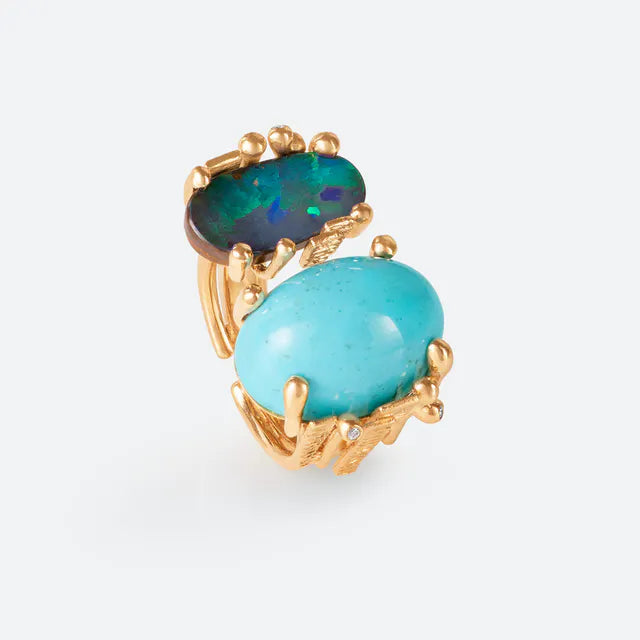 Boho dobbelt ring, turkis og mørk opal A2923-401